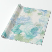 Blauwe Floral Waterverf bruiloft Cadeaupapier (Uitgerold)