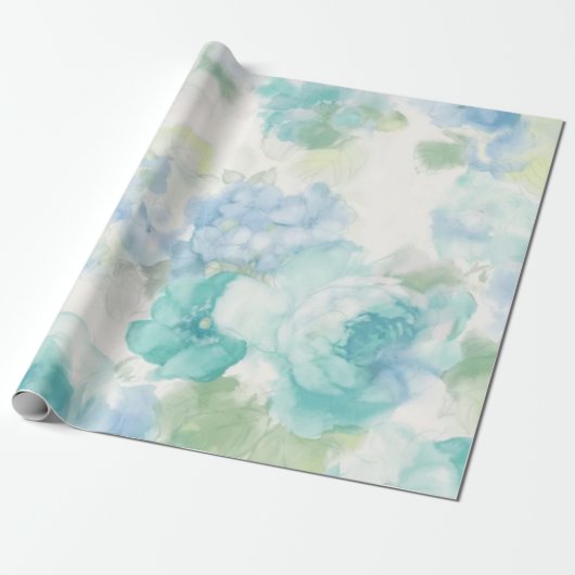 Blauwe Floral Waterverf bruiloft Cadeaupapier (Uitgerold)