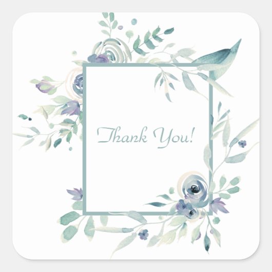 Blauwe Floral Waterverf Dank u Square St. Vierkante Sticker (Voorkant)