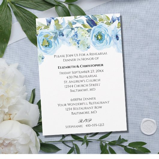 Blauwe Floral Waterverf Elegant Wedding Rehearsal Kaart