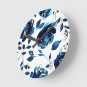 Blauwe Floral Waterverf Flowers Elegant Chic Ronde Klok (Hoek)
