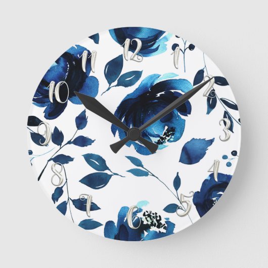 Blauwe Floral Waterverf Flowers Elegant Chic Ronde Klok (Voorkant)
