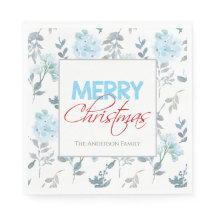 Blauwe Floral Waterverf Kerstmis | Papier Napkin