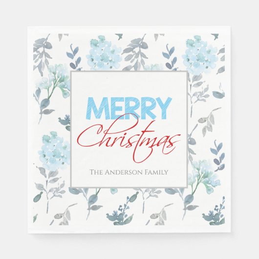 Blauwe Floral Waterverf Kerstmis | Papier Napkin Servet (Voorkant)