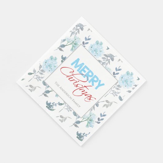 Blauwe Floral Waterverf Kerstmis | Papier Napkin Servet (Hoek)