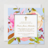 Blauwe Floral Waterverf met Cross Baptisme Kaart (Voorkant)