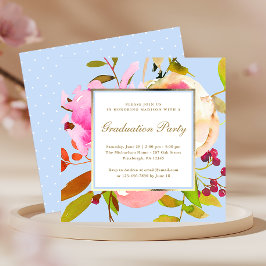 Blauwe Floral Waterverf met Stip Graduation Party Kaart