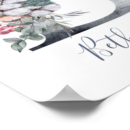 Blauwe Floral Waterverf Monogram B Achternaam Post Poster (Hoek)