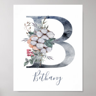 Blauwe Floral Waterverf Monogram B Achternaam Post Poster