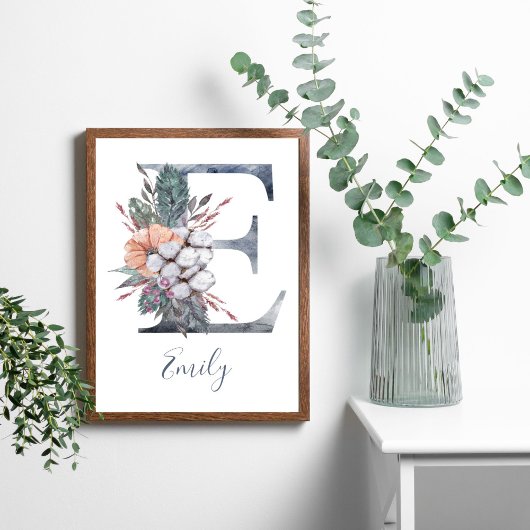 Blauwe Floral Waterverf Monogram E Achternaam Poster
