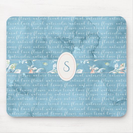 Blauwe Floral Waterverf Monogram Rustische Muismat (Voorkant)