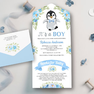 Blauwe Floral Waterverf Penguin Baby shower All In One Uitnodiging