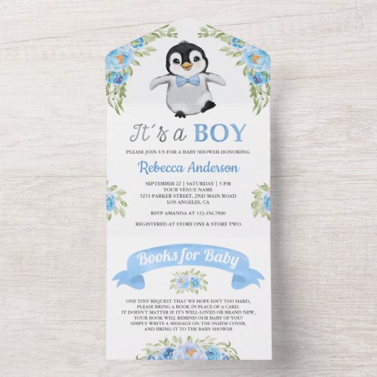 Blauwe Floral Waterverf Penguin Baby shower All In One Uitnodiging (Binnen)
