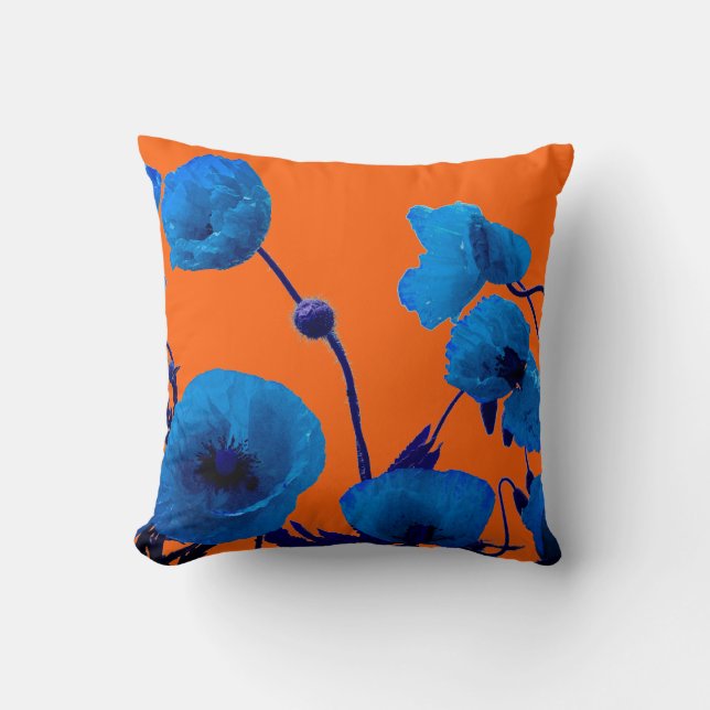 Blauwe Floral Waterverf Poppy Flowers Summer Sunse Kussen (Voorkant)