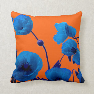 Blauwe Floral Waterverf Poppy Flowers Summer Sunse Kussen