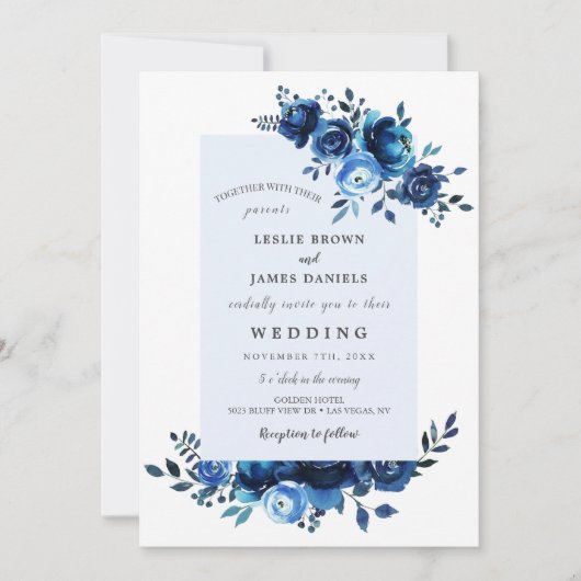 Blauwe Floral Waterverf Vloerbruiloft Uitnodiginge Kaart (Voorkant)