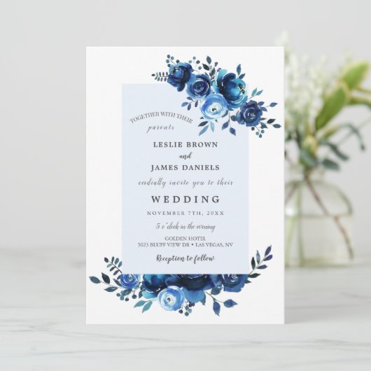 Blauwe Floral Waterverf Vloerbruiloft Uitnodiginge Kaart (Staand voorkant)