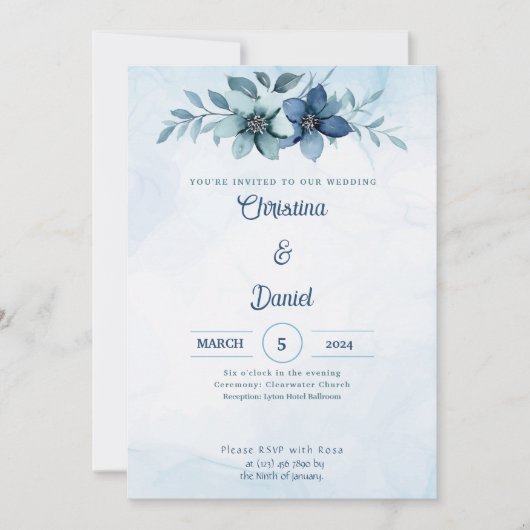 Blauwe Floral Waterverf Wedding Invitations Kaart (Voorkant)