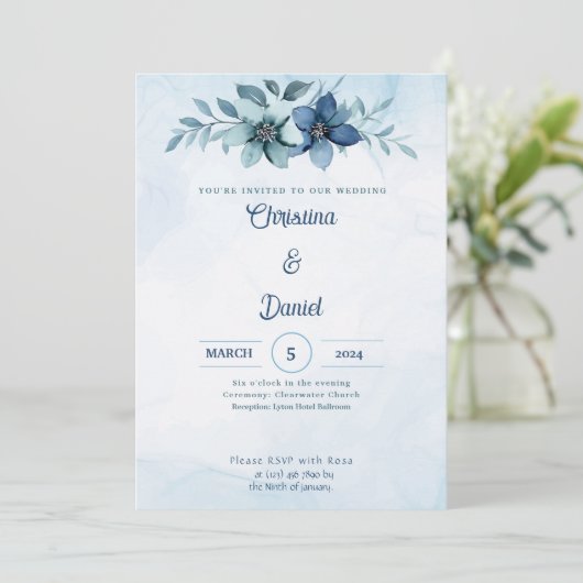 Blauwe Floral Waterverf Wedding Invitations Kaart (Staand voorkant)