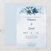 Blauwe Floral Waterverf Wedding Invitations Kaart (Voorkant / Achterkant)
