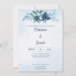Blauwe Floral Waterverf Wedding Invitations Kaart