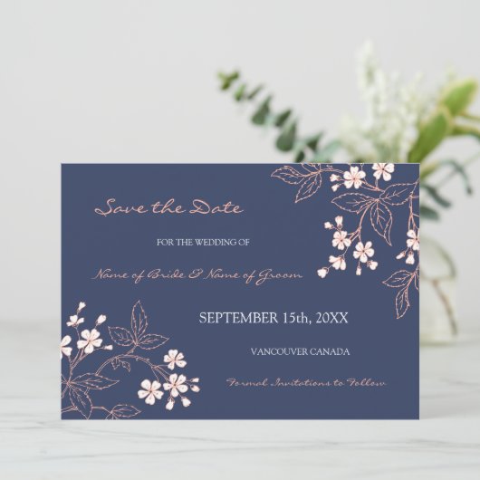  blauwe Floral Wedding Save the Date (Staand voorkant)