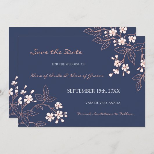  blauwe Floral Wedding Save the Date (Voorkant / Achterkant)