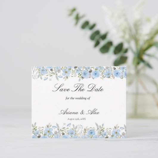  blauwe Floral Wedding Save the Date Briefkaart (Staand voorkant)