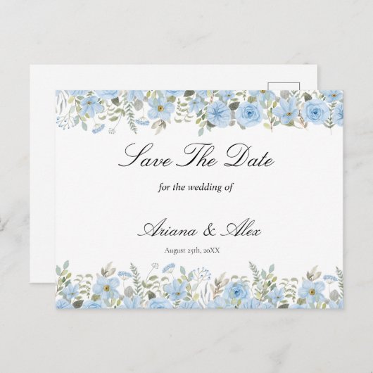  blauwe Floral Wedding Save the Date Briefkaart (Voorkant / Achterkant)