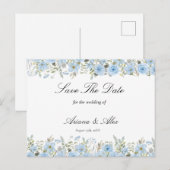 blauwe Floral Wedding Save the Date Briefkaart (Voorkant / Achterkant)