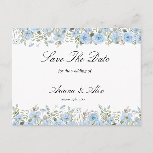 blauwe Floral Wedding Save the Date Briefkaart (Voorkant)