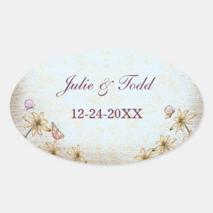 blauwe Floral Wedding Save the Date Ovale Sticker