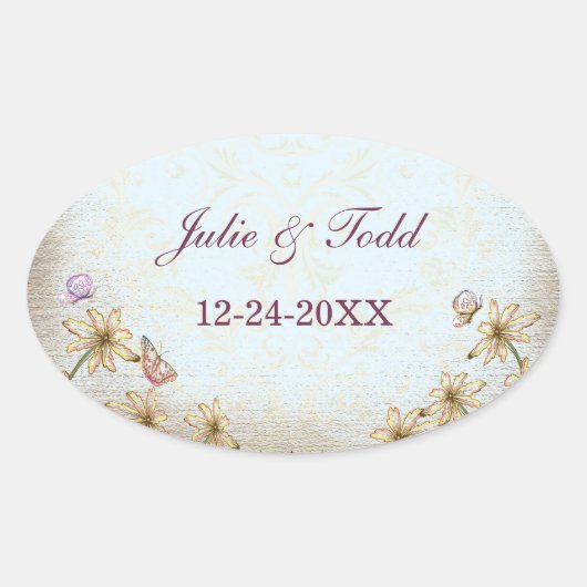 blauwe Floral Wedding Save the Date Ovale Sticker (Voorkant)