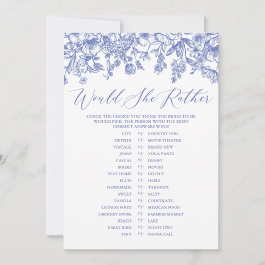 Blauwe Floral zou ze liever Vrijgezellenfeest spel Kaart (Voorkant)