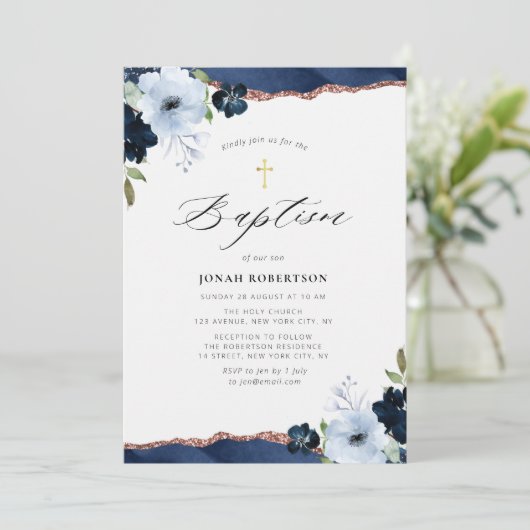 blauwe florale agate baptisme uitnodiging (Staand voorkant)