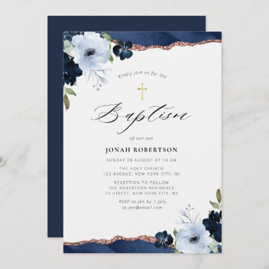 blauwe florale agate baptisme uitnodiging (Voorkant / Achterkant)