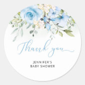 Blauwe florale baby douche klassieke ronde sticker (Voorkant)