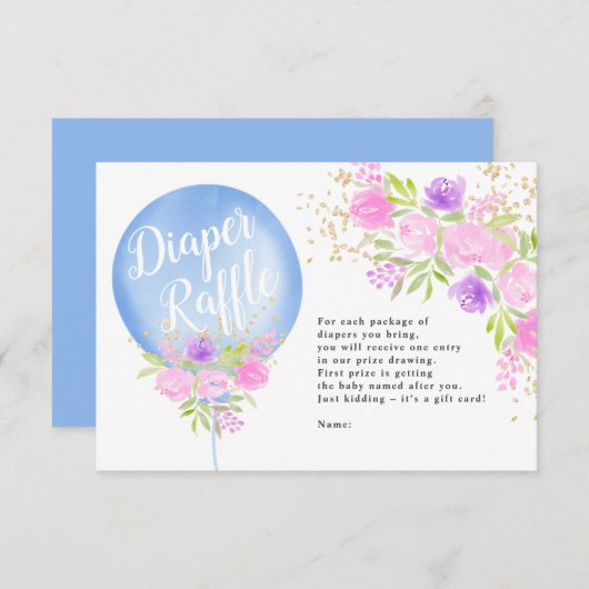 Blauwe florale ballon luier raffle baby shower informatiekaartje (Voorkant / Achterkant)