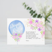 Blauwe florale ballon luier raffle baby shower informatiekaartje (Staand voorkant)