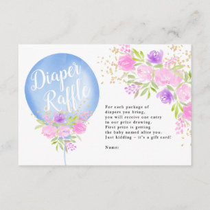 Blauwe florale ballon luier raffle baby shower informatiekaartje