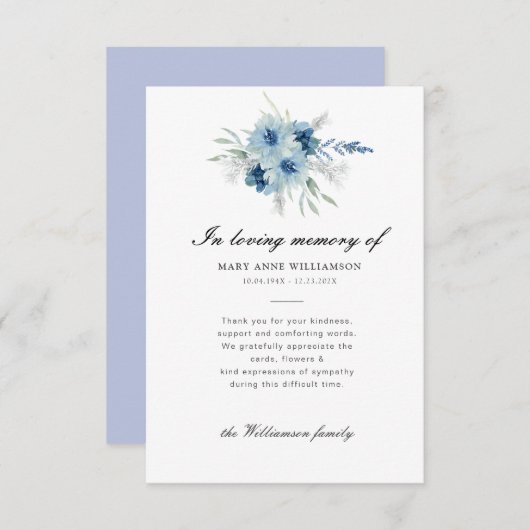 blauwe florale begrafenis bedankt briefje (Voorkant / Achterkant)