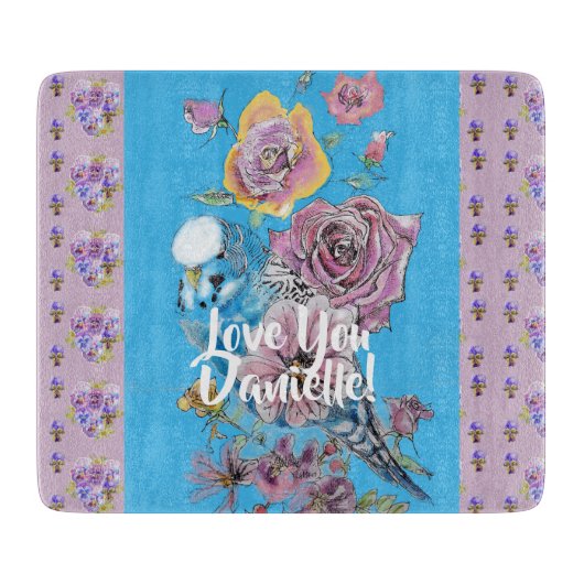 Blauwe florale bloemen Glass Choping Board Snijplank (Voorkant)