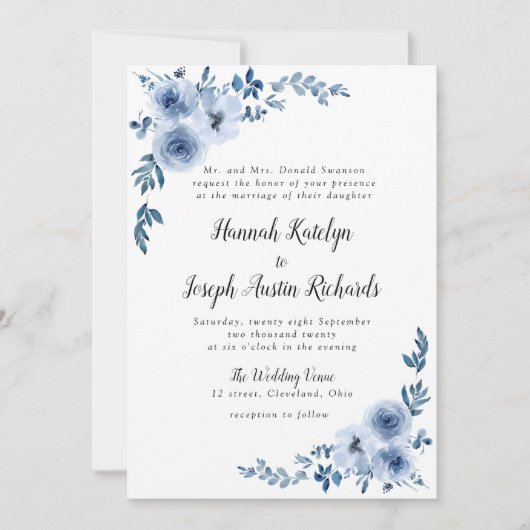 blauwe florale bruiloft kaart (Voorkant)