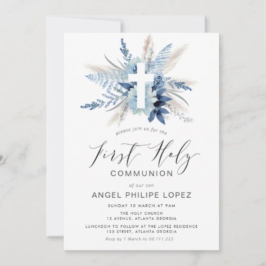 blauwe florale cross eerste uitnodiging van de gem (Voorkant)