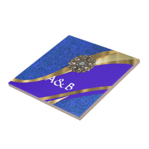 Blauwe florale damast & gouden lint tegeltje