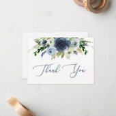 Blauwe florale dank je kaart, floral notitiekaartje (Voorkant / Achterkant in situ)