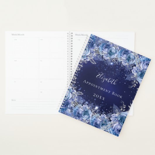 Blauwe florale glitter stofnaam glamoureus 2023 planner (Display)