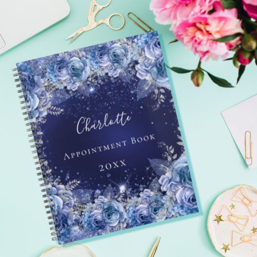 Blauwe florale glitter stofnaam glamoureus 2023 planner