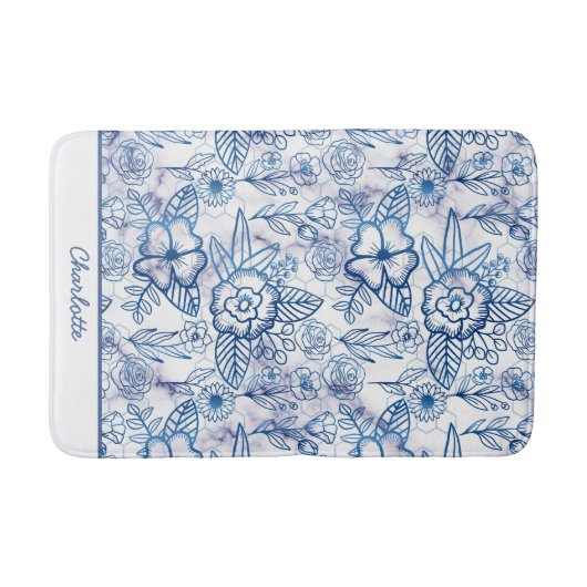 Blauwe florale naadloze patroon, gepersonaliseerde badmat (Voorkant)