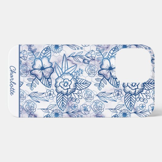 Blauwe florale naadloze patroon, gepersonaliseerde iPhone hoesje (Achterkant horizontaal)